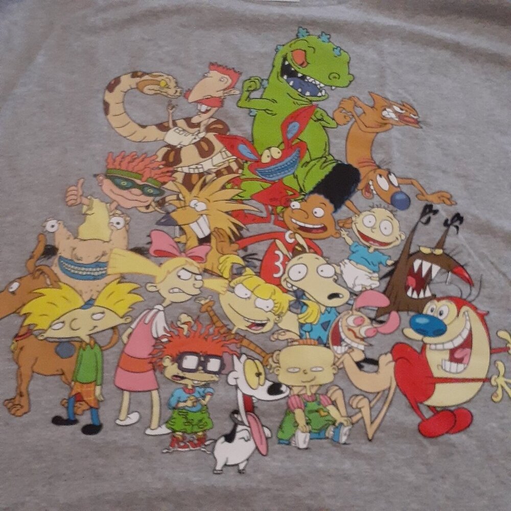 Nickelodeon T Shirt XL Gray 90s Characters Rugrats Rocko Reptar Hey Arnold More